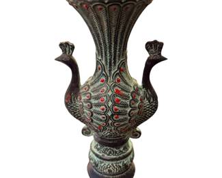 Collectible Chinese Old Bronze Carving Peacock Vase 