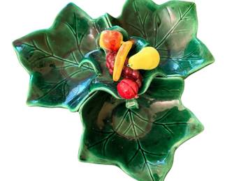 vintage green ceramic three-section leaf party dish featuring a central decorative fruit cluster.