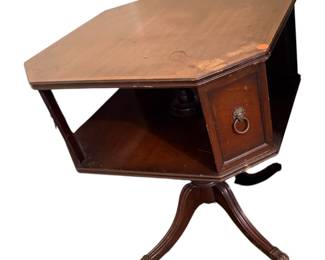 vintage hexagonal rotating side table with drawers, likely manufactured by Heritage-Henredon during the 1940s or 1950s.