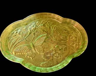 vintage 1930s Art Deco Sowerby pressed glass vanity tray featuring a detailed embossed butterfly and floral design in a pale yellow-green hue