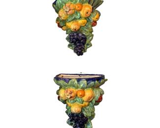 vintage Italian Majolica ceramic fruit wall pocket or bracket featuring hand-painted green leaves, assorted citrus fruit, and a cluster of purple grapes at the bottom.