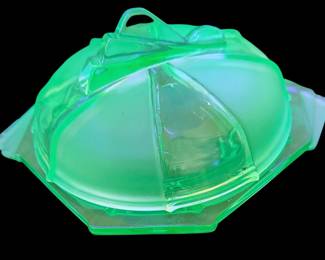 vintage Art Deco-style green uranium glass covered butter dish or cheese dome