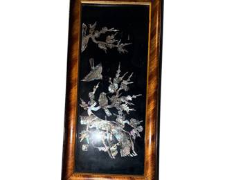 Vintage Chinoiserie Iridescent Mother of Pearl Art with Cherry Blossoms and Birds on a Branch Framed/pair