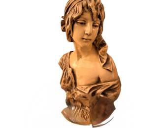 vintage Art Nouveau-style female bust sculpture that appears to be a reproduction of "Cendrillon" by French sculptor Emmanuel Villanis.Chalk ware 