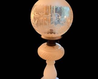 Miami’s and Brenner antique milk glass oil lamp with acid etched shade