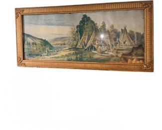 vintage or antique framed panoramic lithograph print resembling the Currier & Ives Scenery of the Upper Mississippi an Indian Village