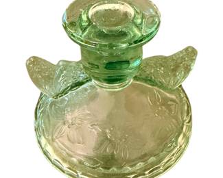 vintage Sowerby green pressed glass candlestick holder in the Butterfly pattern from the 1930s  Pair