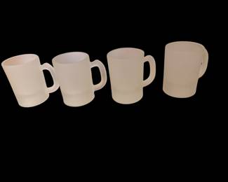 vintage Tiara Exclusives frosted satin mini glass mugs, manufactured by Indiana Glass Company primarily during the 1970s and 1980s. These small 3 oz to 4 oz cups are commonly collected and used as shot glasses or espresso mugs.
