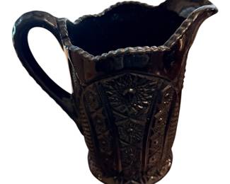 vintage Indiana Glass Tiara Monarch Black Monarch Paneled Daisy Pitcher featuring a pressed glass geometric and daisy panel design.