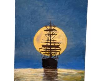 painting of a silhouetted multi-masted sailing ship on the water against a large, glowing full moon.