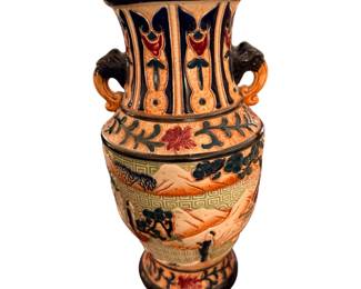 vintage majolica-style ceramic vase featuring molded scroll handles and a hand-painted Asian landscape scene.