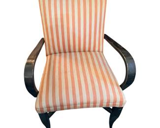 vintage armchair featuring coral and cream vertical stripes and dark, gracefully curved wooden arms./pair