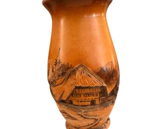 vintage turned-wood souvenir vase featuring a hand-carved or pyrographed Black Forest alpine chalet and pine tree scene from Germany, popular around the mid-20th century