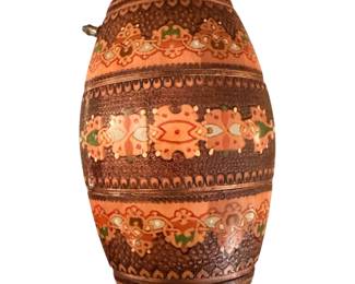vintage Eastern European, likely Bulgarian, hand-decorated wooden folk art barrel or flask featuring pyrography and painted traditional motifs.