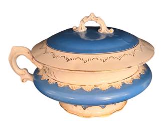 Vintage lidded chamber pot with gold accents and scrolled handle 