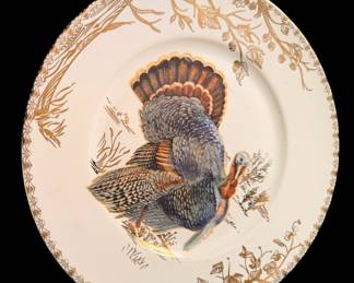  222 Fifth "Golden Hill" Thanksgiving Turkey Plate, notable for its unique metallic solid gold-finished backside