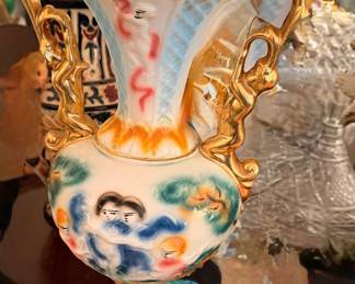vintage Italian Capodimonte-style porcelain or ceramic vase featuring ornate gold-gilt figural handles and hand-painted raised relief figures./pair