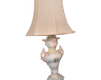 vintage Italian porcelain table lamp featuring an ornate urn-shaped base with hand-painted pastel scroll and floral accents
