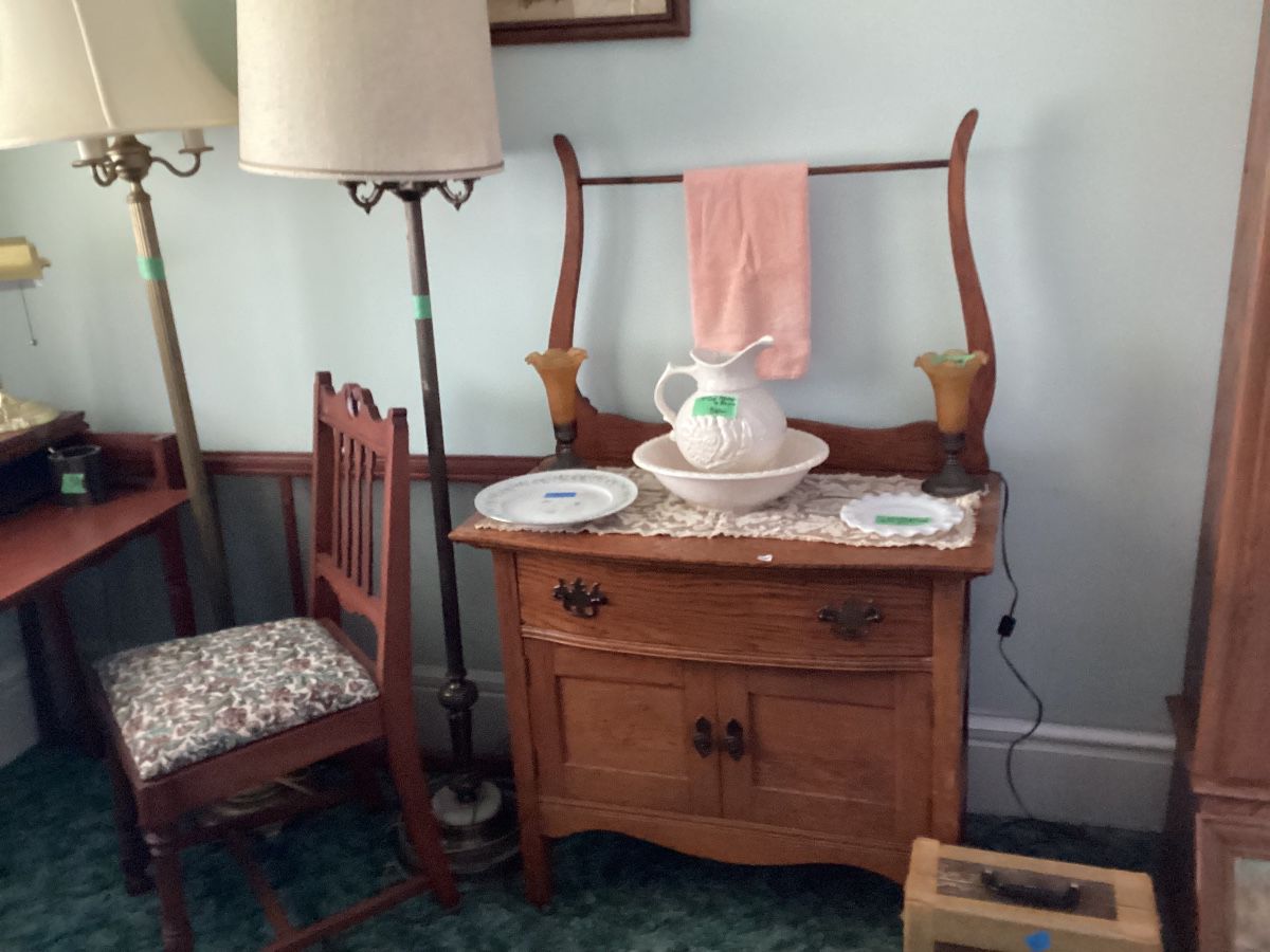 Antique oak washstand w/towel bar, white ceramic wash basin set, milk glass plate and China plate