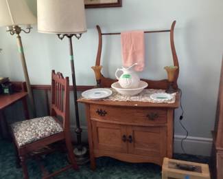 Antique oak washstand w/towel bar, white ceramic wash basin set, milk glass plate and China plate