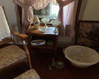 Fenton glass, McCoy and Hull pottery, antique oak rocker and footstool done in rose tapestry material 