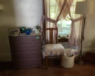 Fenton and Vintage glassware, small painted dresser, vintage floor lamp, oak side chair and basket