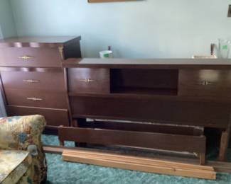 Mid Century full bed, dresser and bureau with bookcase headboard
