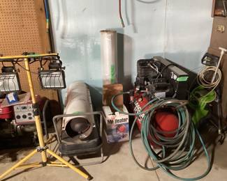 Garage heater, compressor, and shop light