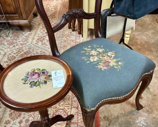 Antique Needlepoint Seat Chair & Side Table 