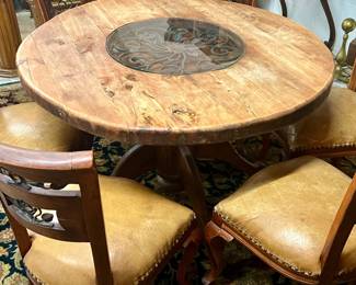 Heavy Pine Dining Table & 6 Chairs- table center wrought iron insert w/glass top