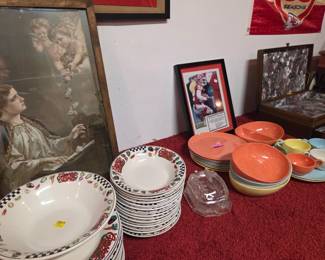 Framed print, Saint Cecilia, Campbells Plates, Vintage Gaity Speckled Ddlishes, Signed picture of Dante Halli