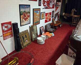 Child's lawnmower, train (i don't have key), Campbell's dishes, Gaity spotted dishes, old wagon, old Mickey Mouse tracer