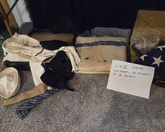 WWII Complete Navy uniform, Blanket, and two flags