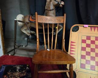 Vintage small rocking chair, rocking horse and vintage caroom board