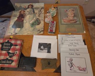 Vintage Better Homes and Gardens Cookbook, Victorian Chromolithograph Printt, 1937 Charlotte Becker Calendar, Vintage Chalkware, Musicbox, Matted Pictures, WWII Gun Cleaning Kit, WWII Medical kit