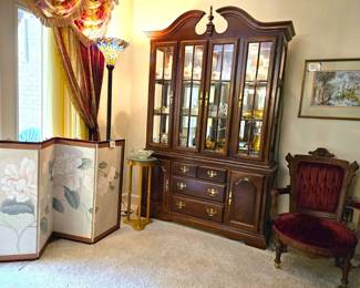 Antique Eastlake Chairs, Lighted China Cabinet, Floral Screen 