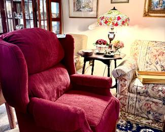 Pair of Red Recliners, Tiffany-Style Table Lamp