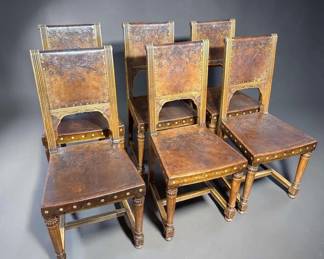 Six Arts CraftsArt Nouveau Leather Embossed Chairs