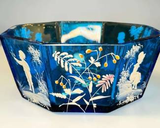 Mary Gregory Octagonal Colbalt Blue Glass Bowl