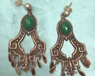 Mexico 925 Silver Earrings With Green Onyx