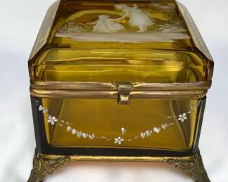 Mary Gregory Yellow Crystal Glass Casket Box