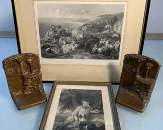 C.J.O. Judd Co. Bronze Book Ends Vintage Framed Etchings