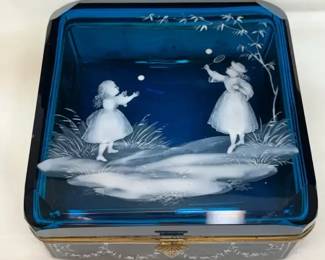 Mary Gregory Cobalt Blue Crystal Glass Lidded Box