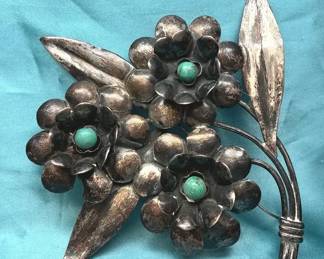 Vintage Mexican silver and turquoise floral bouquet brooch