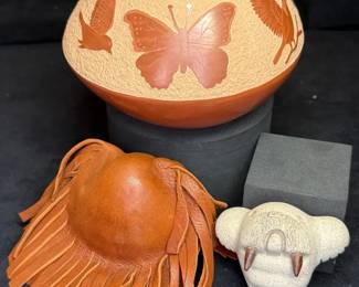 Jemez Pueblo Potter Carol Vigil Signed Pot, Leather Rattle Stone Figurine