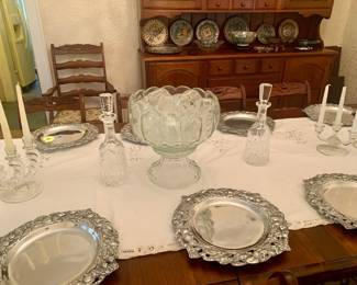 punch bowl, more crystal decanters, and two sets of crystal candleabras--Notice the set of 12 Arthur Court Bunny Rabbit Chargers