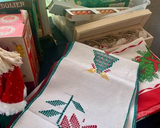 large table of vintage Christmas