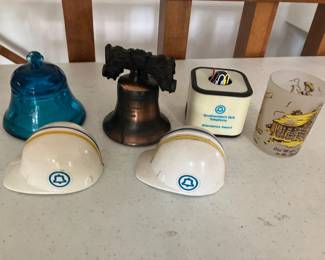 Telephone Pioneers blue glass bell, SW Bell bottle openers, Silver Dollar City shot glass