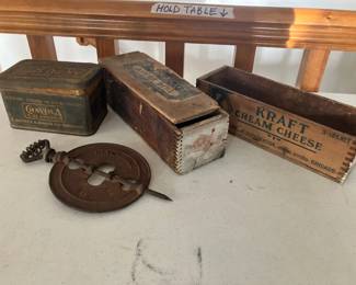 Binny & Smith Crayola tin, old cheese boxes, Weaver Mfg. damper