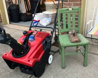 Toro snow blower, antique chair w 1930's green paint